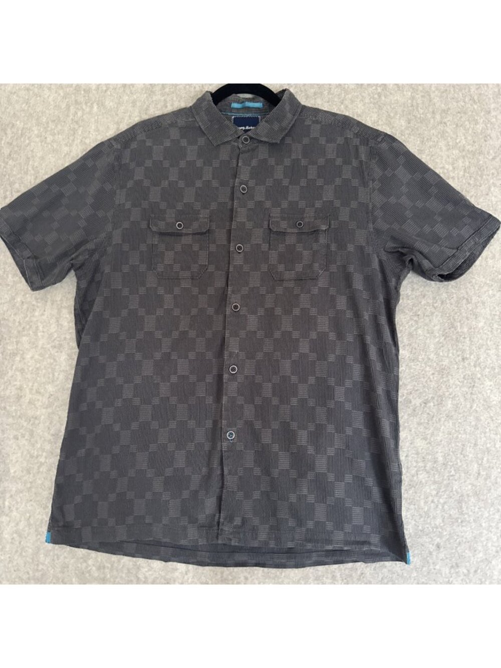 Tommy Bahama Cotton Silk Blend Camp Shirt Mens M Charcoal Check Short Sleeve